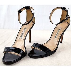 Manolo Blahnik Chaos Black Patent Leather Ankle Strap Heels Sandals 39.5 Italy